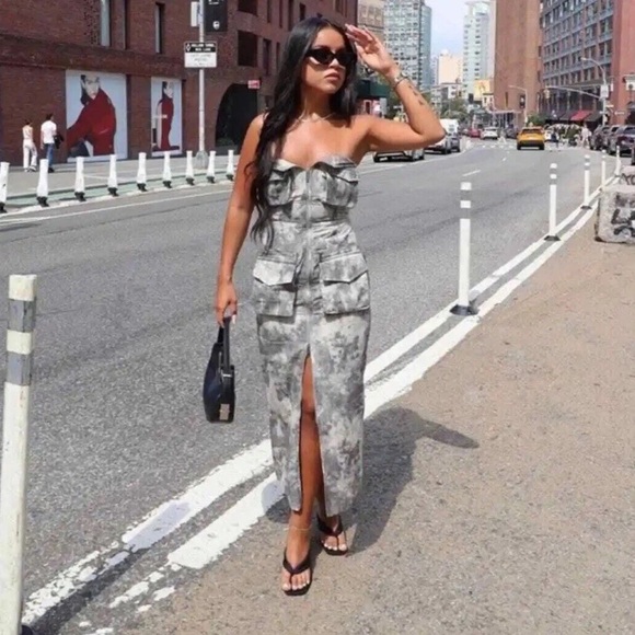 NWT ZARA 100% Cotton Strapless Printed Cargo Midi Dress Gray 2674/248 - Picture 2 of 10
